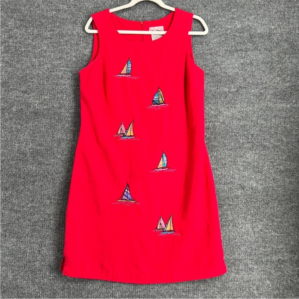 Vintage Ultra Red Sailboat Embroidered Linen Blend Sheath Dress Women’s Size 14 - Picture 2 of 14